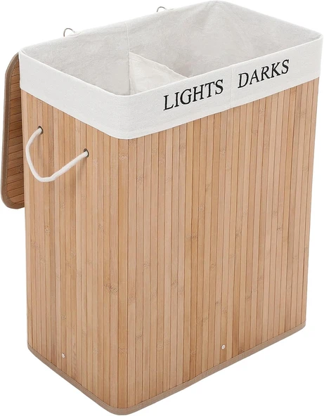 Songmics Bambu Çamaşır Sepeti, 100 L Çamaşır Ayırıcı, 2 Bölmeli, Çıkarılabilir Çamaşır Torbalı Katlanabilir Çamaşır Sepeti, Dikdörtgen Çamaşır Kutusu, 52 X 63 X 32 Cm, Doğal Renk, Lcb64Y ürün görseli 1