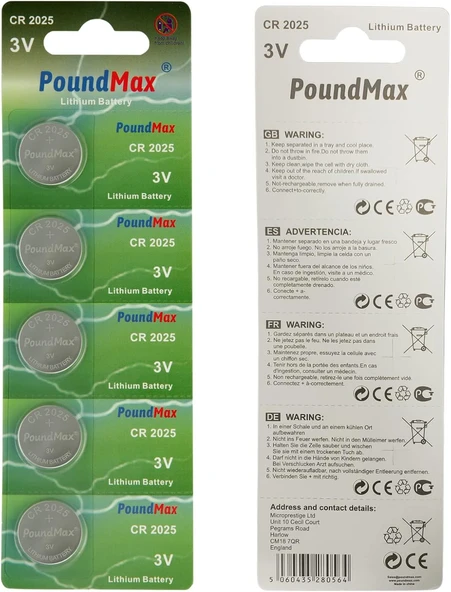 Poundmax 5 X Cr2025 Lityum Düğme Pil, 3 V Pil, Sızdırmaz, Cıva Içermez, Uzun Ömürlü – Elektronik Küçük Cihazlar, Araba Anahtarları, Uzaktan Kumandalar, Akıllı Ev Cihazları Için ürün görseli 1