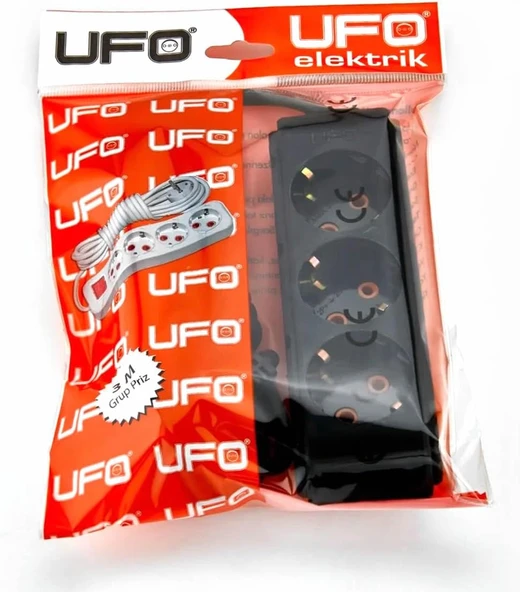 Ufo 3Lü 3 Metre Kablolu Topraklı Grup Priz, 16A 250V, Üçlü Uzatma Kablosu Siyah Renk ürün görseli 1