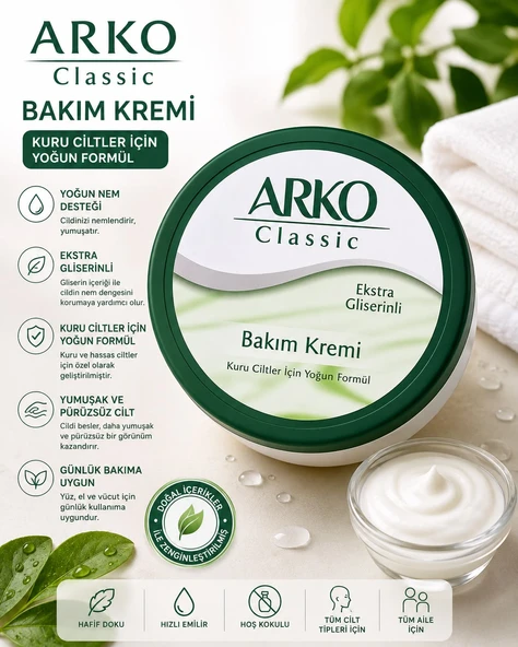 Arko Classic Ekstra Gliserinli Bakım Kremi - Kuru Ciltler İçin Yoğun Nemlendirici Krem 150 ML ürün görseli 1