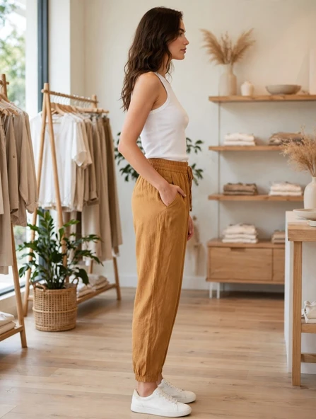 Kadın Taba Keten Jogger Pantolon - Resim 2