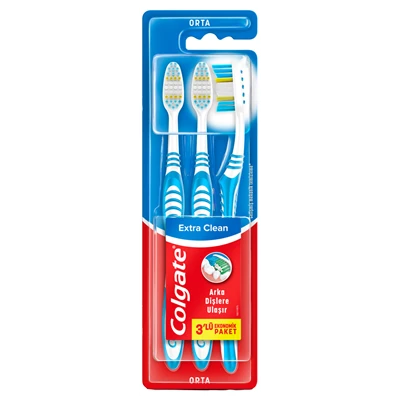 Colgate Extra Clean 2+1 Diş Fırçası Orta - Temizleyici Fırça Ucu ve Dil Temizley 8'li Avantaj Paketi ürün görseli 1