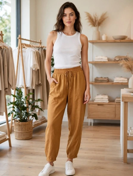 Kadın Taba Keten Jogger Pantolon ürün görseli 1