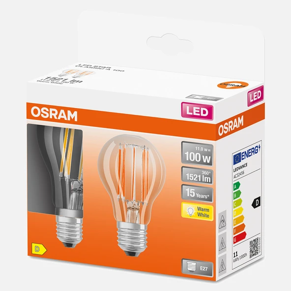 Osram SCLA100 FIL 11 W Sarı E27 LED Ampul (2'li Paket) ürün görseli 1