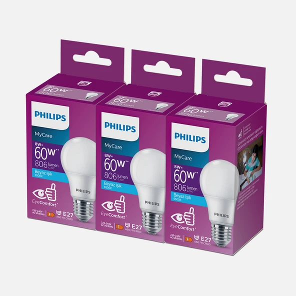 Philips Essential 60 W Beyaz Klasik E27 Duy 3'lü Led Ampul (3'li Paket) ürün görseli 1