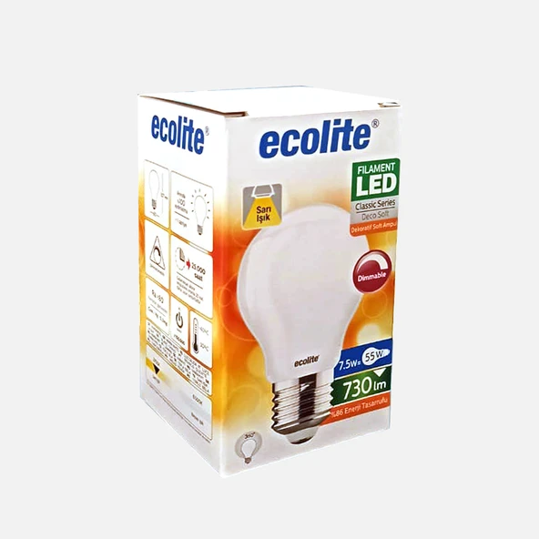 Ecolite Soft Filament Dimmer A60 7.5 W Sarı Klasik E27 Duy Led Ampul (3'li Paket) ürün görseli 1