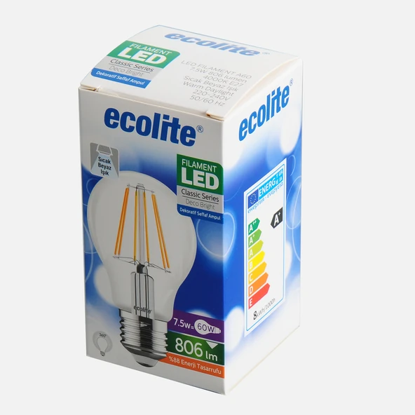 Ecolite Filament A60 7.5 W Beyaz Klasik E27 Duy Led Ampul (5'li Paket) ürün görseli 1