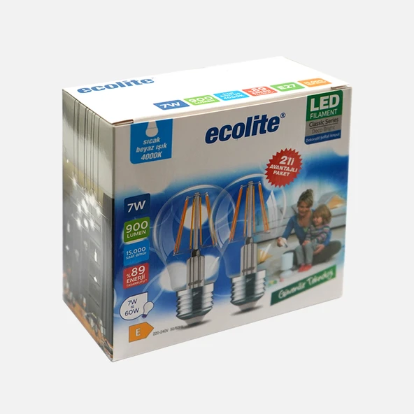 Ecolite Filament A60 7W Led 2'li Paket SIcak Beyaz Işık 4000K (3'li Paket) ürün görseli 1