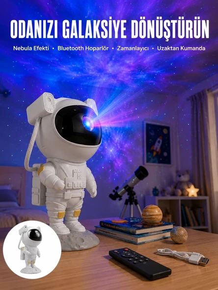 Astronot Hoparlör Gökyüzü Projektör Gece Lambası ürün görseli 1