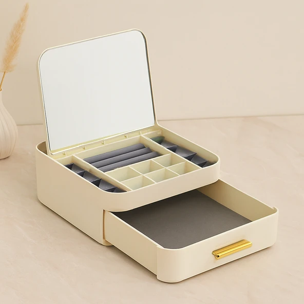 Aynalı Takı Organizeri - 10 Bölmeli Çekmeceli (20X22X8.5 Cm) ürün görseli 1