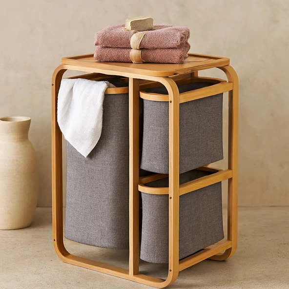 Ahşap Bambu 3 Bölmeli Çamaşır Sepeti 50X30X70 Cm ürün görseli 1