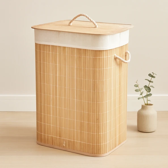 Bambu Kirli Çamaşır Sepeti 40X30X60 Cm - Kapaklı İpli Kumaş Torbalı ürün görseli 1
