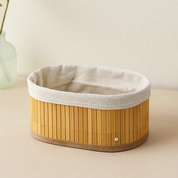 3 Boy Oval Organizer Sepet - Bambu Kenarlı, Ahşap Tabanlı, Bezli ürün görseli 1