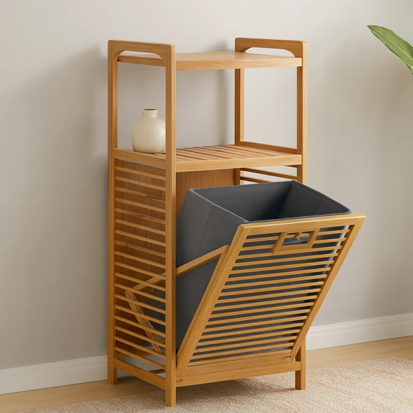 2 Katlı Bambu Çamaşır Sepeti Önden Çek-Aç Organizer 40X35X95 Cm ürün görseli 1