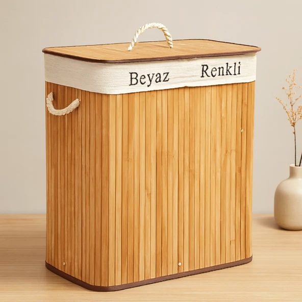 Bambu Ahşap 2 Bölmeli Çamaşır Sepeti 52X32X62 Cm ürün görseli 1