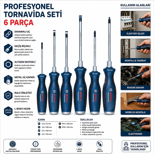 6 Parça Profesyonel Tornavida Seti (Ph2 / Ph1 / 3.5 / 4.5 / 5.5 / 6.5) - Resim 2