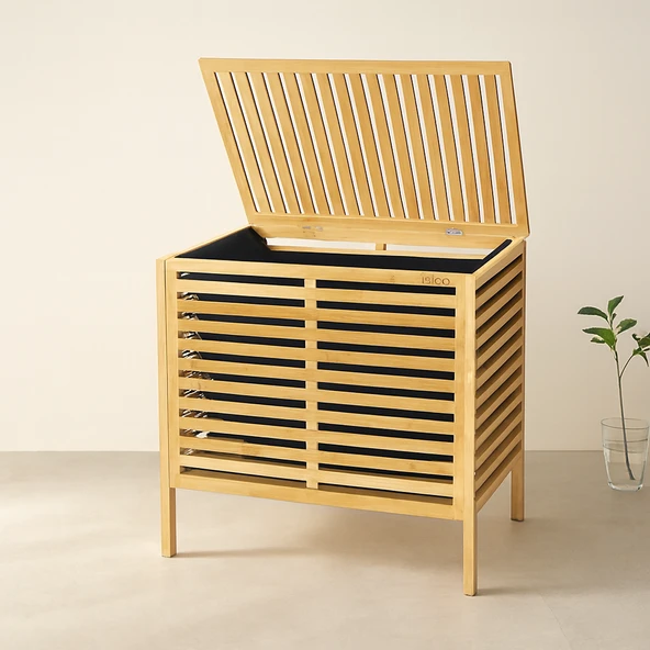 Kalın Bambu Çamaşır Sepeti 50X38X55 Cm (Kumaş Torbalı) ürün görseli 1