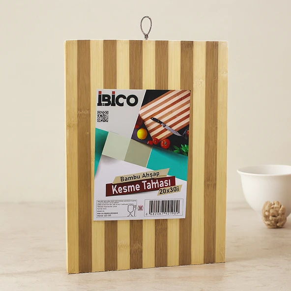 Bambu Kesme Tahtası 20X30X1.3 Cm - Beyaz Çizgili Metal Kulplu ürün görseli 1