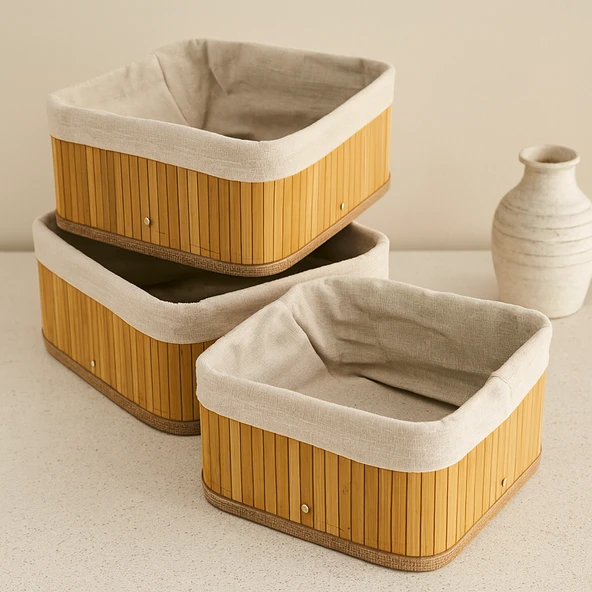 3'Lü Kare Organizer Sepet Seti - Bambu Kenarlı Ahşap Taban Bez Astarlı (17X17 / 21X21 / 26X26 Cm) ürün görseli 1
