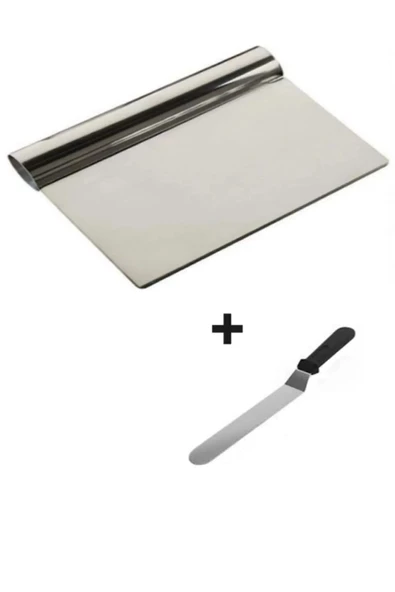 2Li Set Hamur Şekillendirici Eğik Pasta Spatulası +Metal Hamur Kazıyıcı Spatula ürün görseli 1