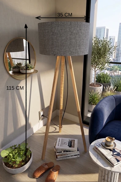 3 Ayaklı Tripod Lambader Koyu Gri Kumaş Başlık ürün görseli 1