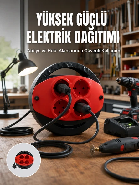 5 Metre Uzatma Kablolu 4 Prizli Makara Kırmızı ürün görseli 1