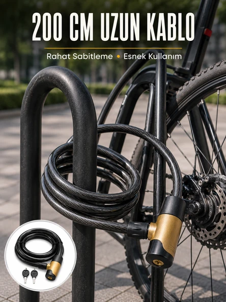 24 Mm Kalın Çelik Halatlı Motosiklet Bisiklet Kilidi 200 Cm Anahtarlı Güvenlik Kilidi ürün görseli 1