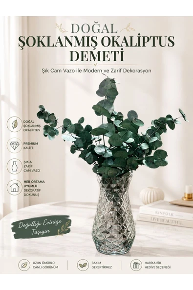 Kesinli Cam Vazo Ve Doğal Şoklanmış Okaliptus Demeti Set ürün görseli 1