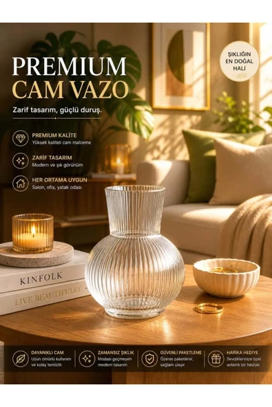 Cam Vazo – Dekoratif Çizgili Şeffaf Cam ürün görseli 1