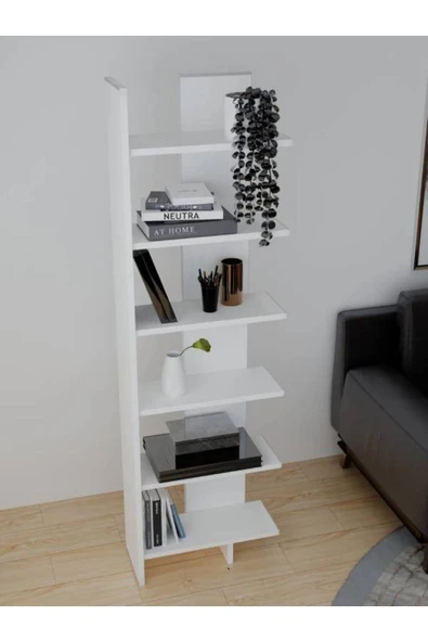 Alfimo Mobilya MİLENA KİTAPLIK 6 RAFLI DEKORATİF KİTAPLIK EV OFİS BEYAZ ürün görseli 1