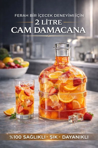2 Litre Cam Damacana Sürahi -Soğuk İçecek & Detoks Suyu Şişesi ürün görseli 1