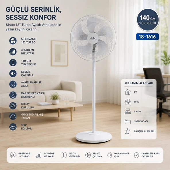 BEYAZ 5 PERVANE - 18 INC EV - OFİS KOMPAKT - SESSİZ - ÜÇ KADEME 140CM YÜKSEKLİK AYAKLI VANTİLATÖR SF-6798 (5433) ürün görseli 1