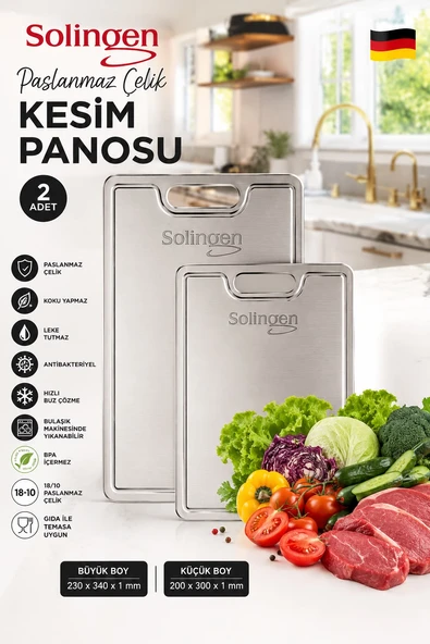 2'li Paslanmaz Çelik Kesme Tahtası Seti (23x34 ve 20x30 cm) - Antibakteriyel Kesim Panosu ürün görseli 1