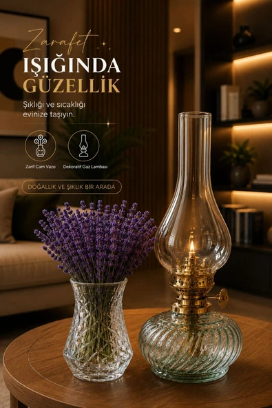 Dekoratif Kesitli Cam Vazo / Dekoratif Cam Gaz Lambası / Şoklanmış Lavanta Set ürün görseli 1