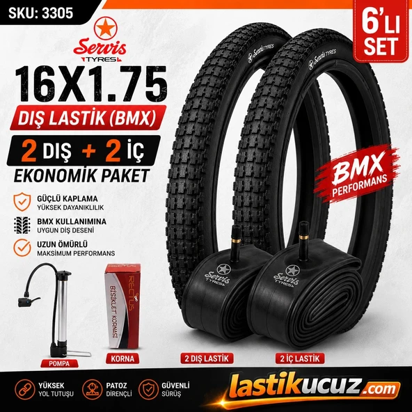 Servis 16X1.75 DIŞ LASTİK (BMX) Bisiklet Lastiği + İÇ LASTİK (2 ŞER ADET TAKIM)+ 1 ADET BİSİKLET POMPASI +1 ADET 8 SESLİ BİSİKLET KORNASI ürün görseli 1