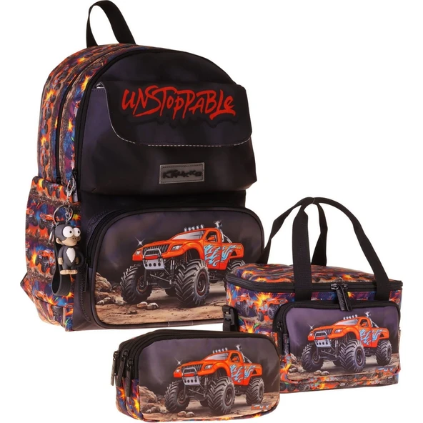 Kids Soil Truck(Siyah - Kırmızı Renk) Erkek Çocuk Üçlü Ilkokul Okul Çantası Seti/takımı - SETKK-L5359A ürün görseli 1