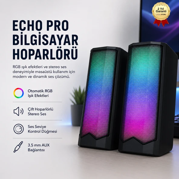 ECHO PRO Bilgisayar Hoparlörü RGB Işıklı Çift Stereo Ses USB Güç ve 3.5 mm AUX Bağlantılı Masaüstü ürün görseli 1
