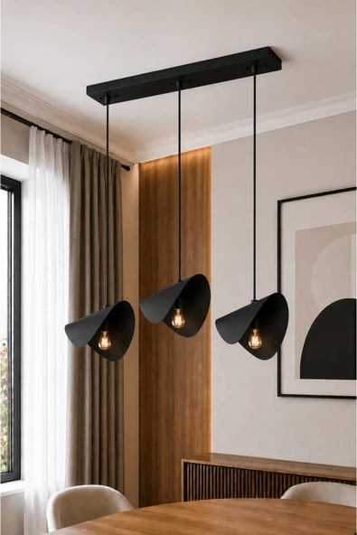 avizade ETERNA Siyah Metal 3'lü Sıralı Sarkıt Avize – Modern Yemek Masası Avizesi - Yaprak Tasarımlı Modern Salon ve Mutfak Aydınlatması ürün görseli 1