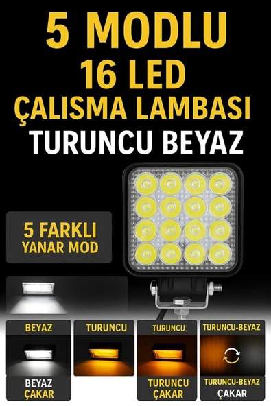ASTRA LED 16 Led 5 Modlu Flaşlı Turuncu Beyaz Çalışma Lambası ürün görseli 1