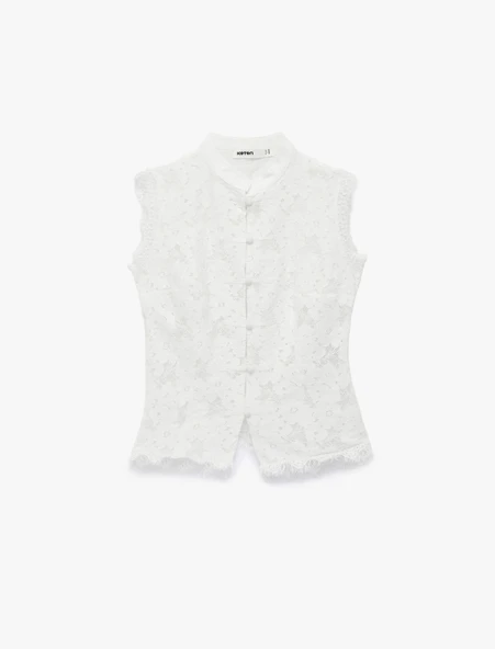 Kolsuz Floral Dokulu Dik Qipao Yaka Güpür Dantel Bluz ürün görseli 1