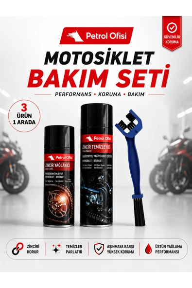Petrol Ofisi Motosiklet Zincir Bakım Seti 3'lü - Zincir Temizleyici, Zincir Yağlayıcı ve Zincir Fırçası ürün görseli 1