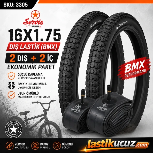 Servis 16X1.75 DIŞ LASTİK (BMX) Bisiklet Lastiği + İÇ LASTİK (2 ŞER ADET TAKIM) ürün görseli 1