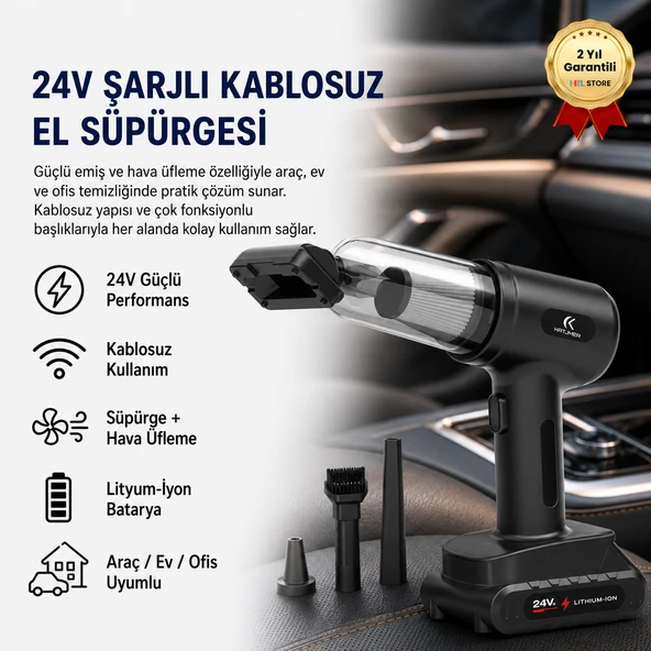 24V Şarjlı Kablosuz El Süpürgesi ve Hava Üfleme Cihazı,Çok Fonksiyonlu Başlıklı Güçlü Araç ürün görseli 1