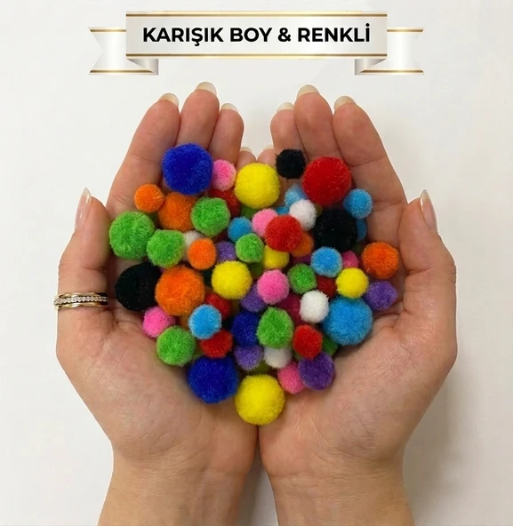 Renkli Ponpon 3 Farklı Boy Büyük Orta Küçük Boy Karışık Renk Pon Pon Kreş Okul Etkinliği ürün görseli 1