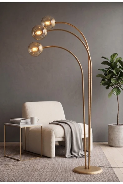 avizade AURİS Eskitme Metal Tasarım 3'lü Bal Cam Küre Ark Lambader Modern Minimalist Kavisli Ayaklı Lambader E27 Duy Uyumlu Dekoratif Salon Köşe Okuma Lambası ürün görseli 1
