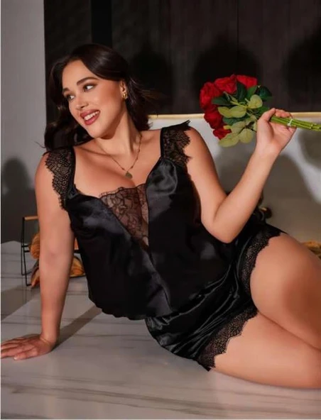 Arias Closet Büyük Beden Siyah Omuz Dantel İşlemeli Saten Şortlu Takım ürün görseli 1