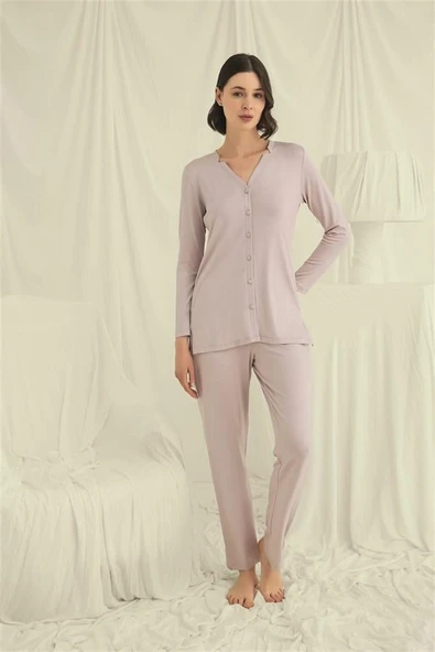 Arias Closet Uzun Kollu Boydan Düğmeli V Yaka Pijama Takımı ürün görseli 1