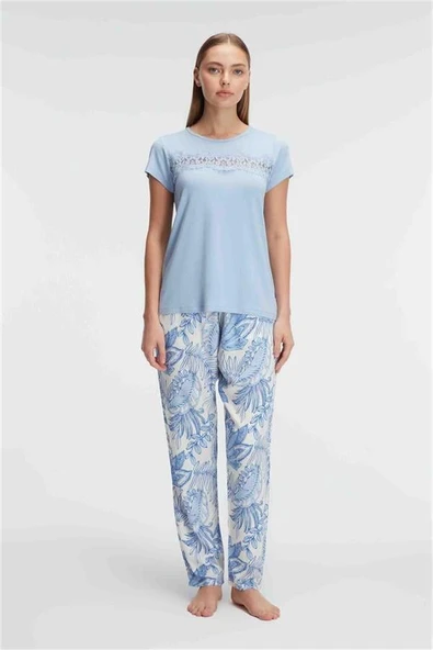 Arias Closet Kısa Kol Bisiklet Yaka Kadın Viskon Çiçek Desenli Yazlık Örme Dantel Detaylı Pijama Takımı ürün görseli 1