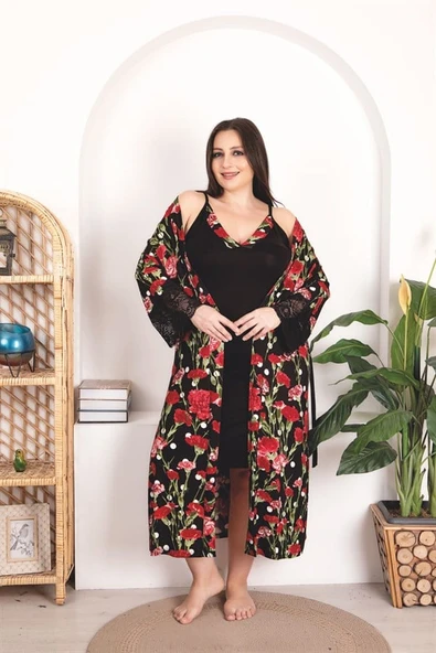 Arias Closet Büyük Beden Kırmızı Çiçek Desenli Dantel İşlemeli 2'Li Viskon Siyah Gecelik Sabahlık Takımı ürün görseli 1