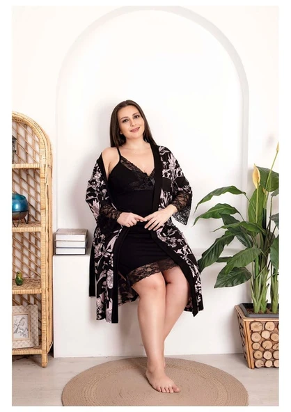 Arias Closet Büyük Beden Çiçek Desenli Dantel İşlemeli Siyah 2'Li Gecelik Sabahlık Takımı ürün görseli 1